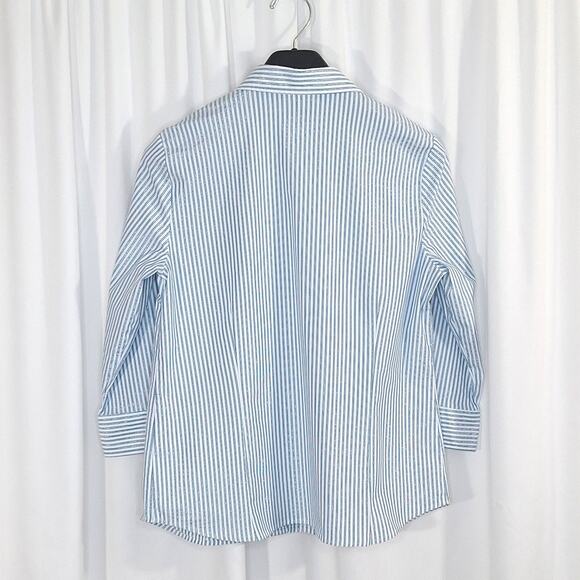 Covington Womens L Blue White Stripe 3/4 Sleeve Button Down Shirt Office Preppy - Picture 2 of 15